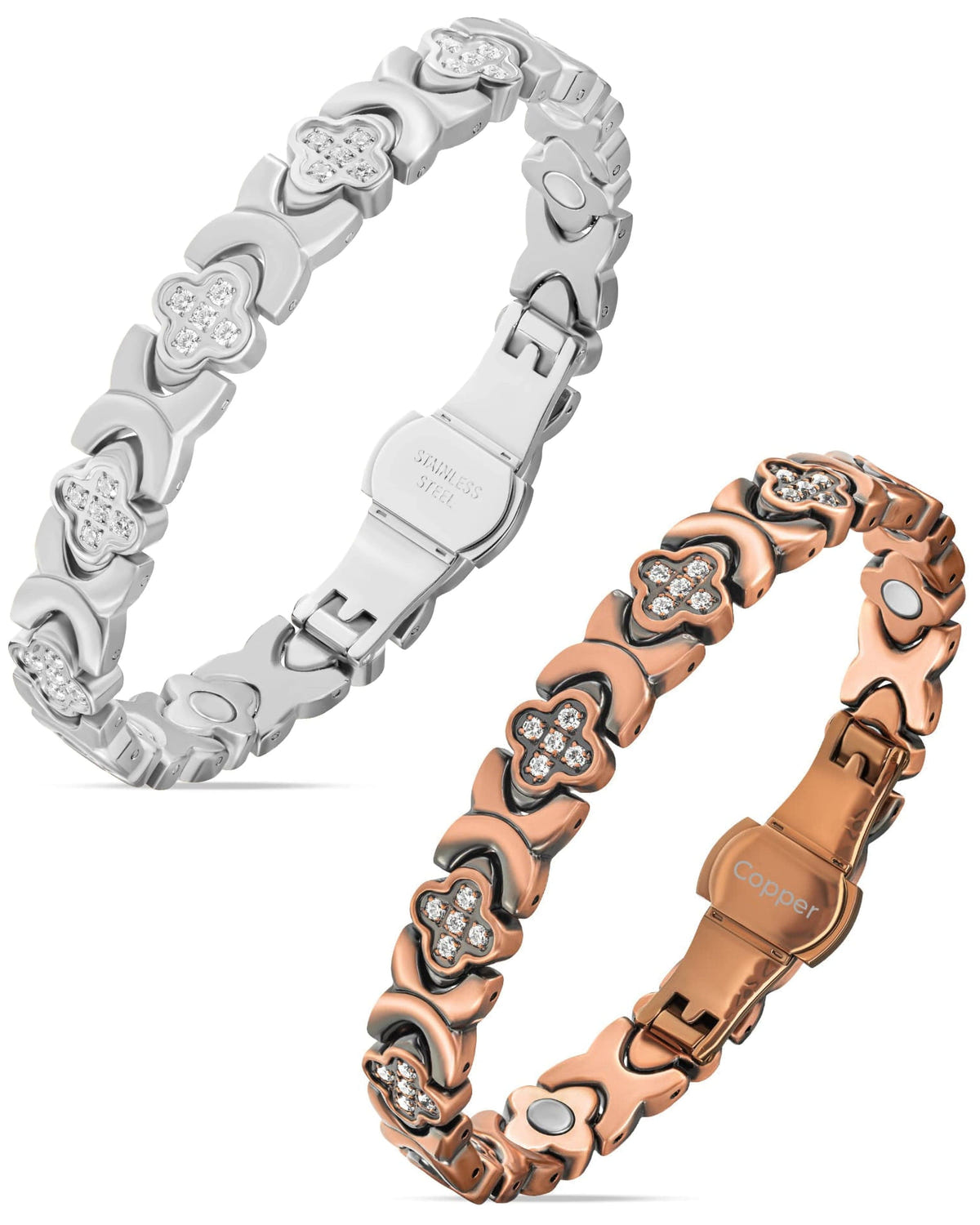 Women’s Crystal Magnetic Bracelet Duo – Copper & Silver