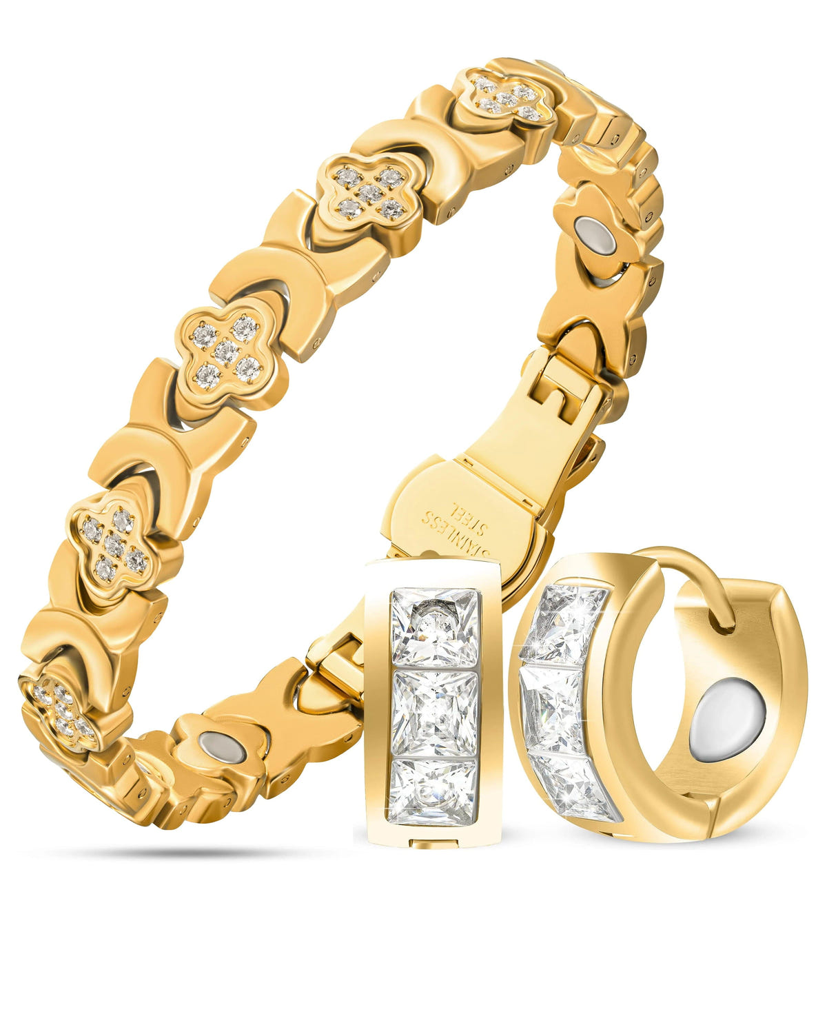 Women’s Crystal Wellness Set – Magnetic Clover Bracelet + Earrings (Gold)