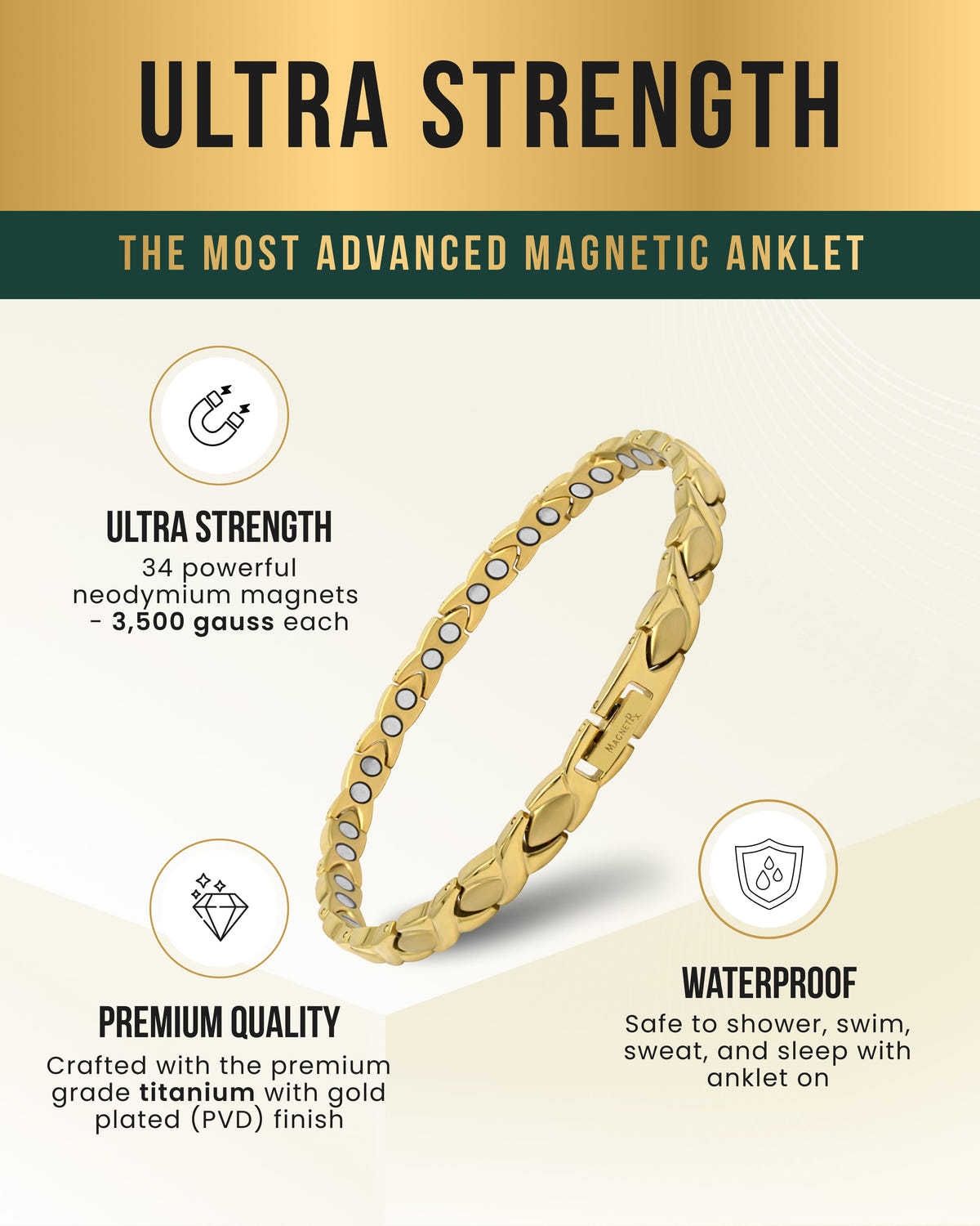 Magnetic Anklet Ultra Strength Titanium Magnetic Therapy Anklet for Women (Gold) MagnetRX