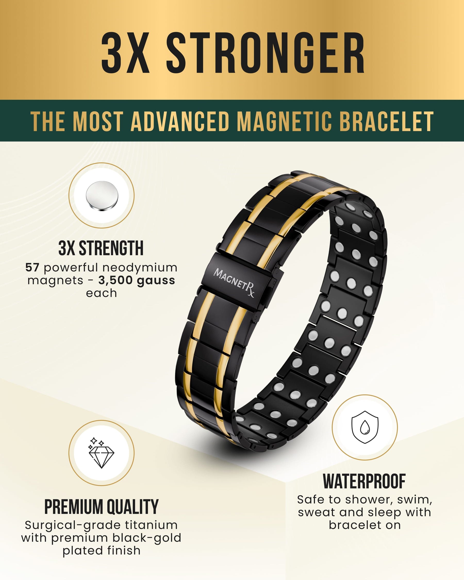 3x Strength Titanium Magnetic Bracelet for Men (Black & Gold)