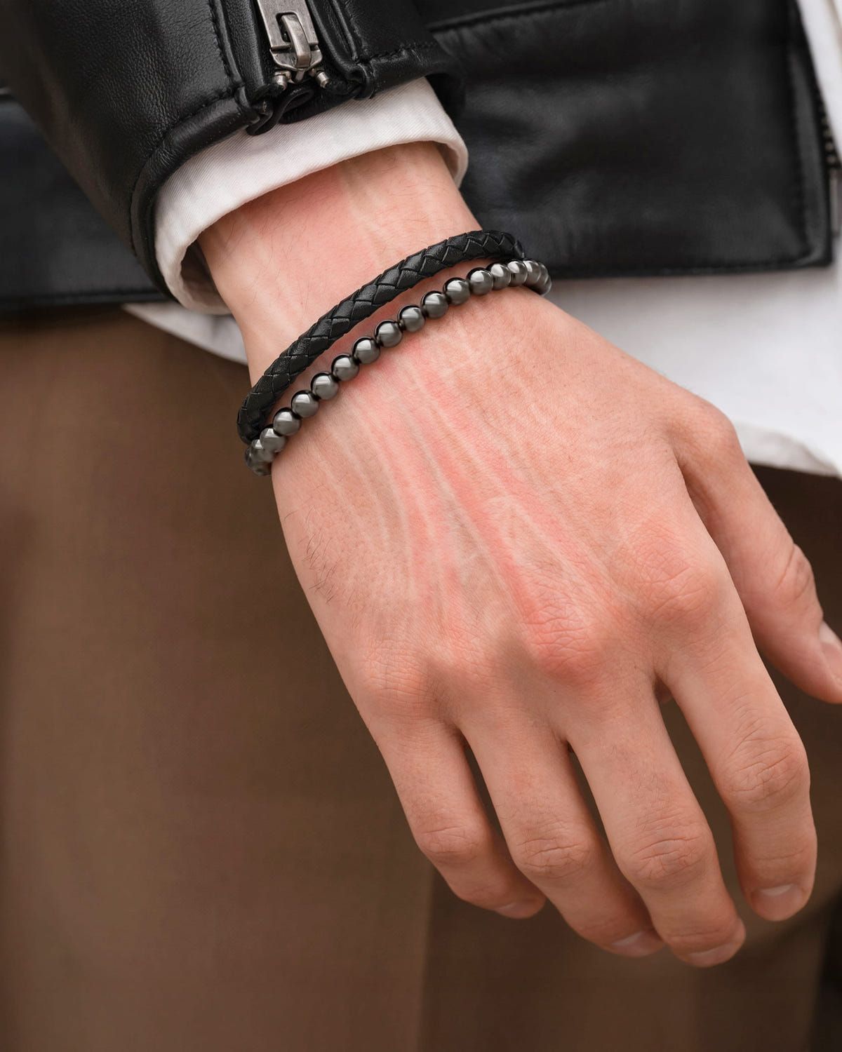 High Power Hematite Bead & Leather Magnetic Bracelet