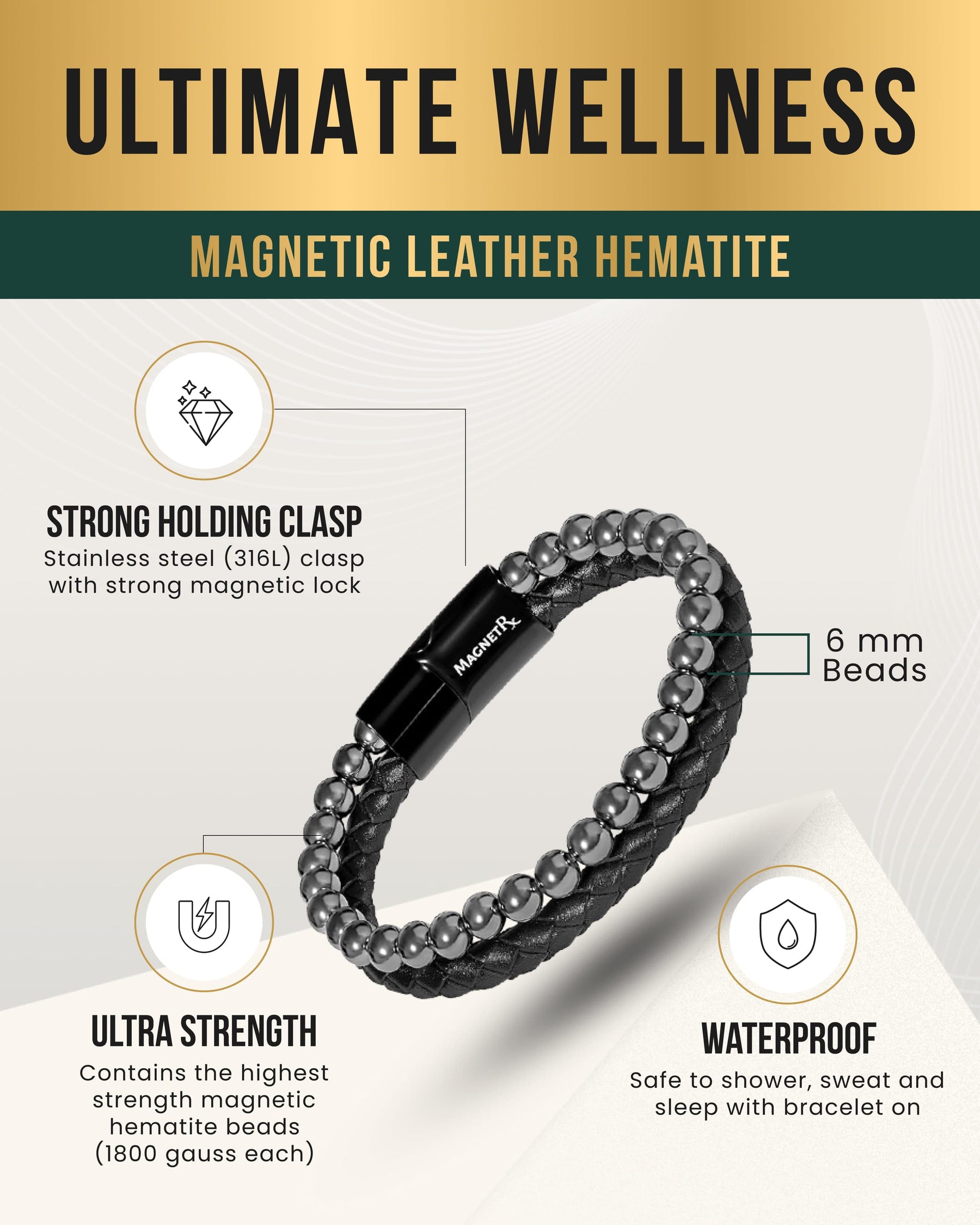 High Power Hematite Bead & Leather Magnetic Bracelet