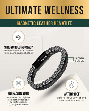 High Power Hematite Bead & Leather Magnetic Bracelet
