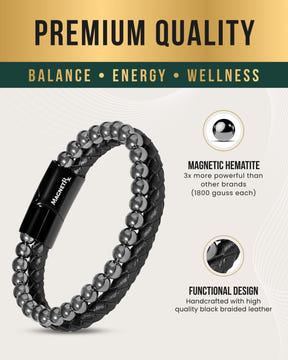 High Power Hematite Bead & Leather Magnetic Bracelet
