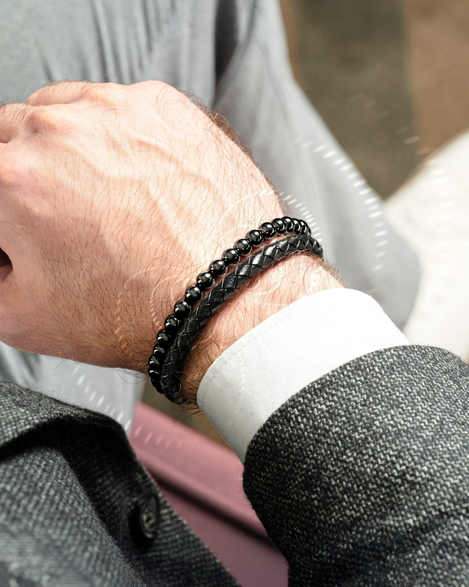 High Power Hematite Bead & Leather Magnetic Bracelet