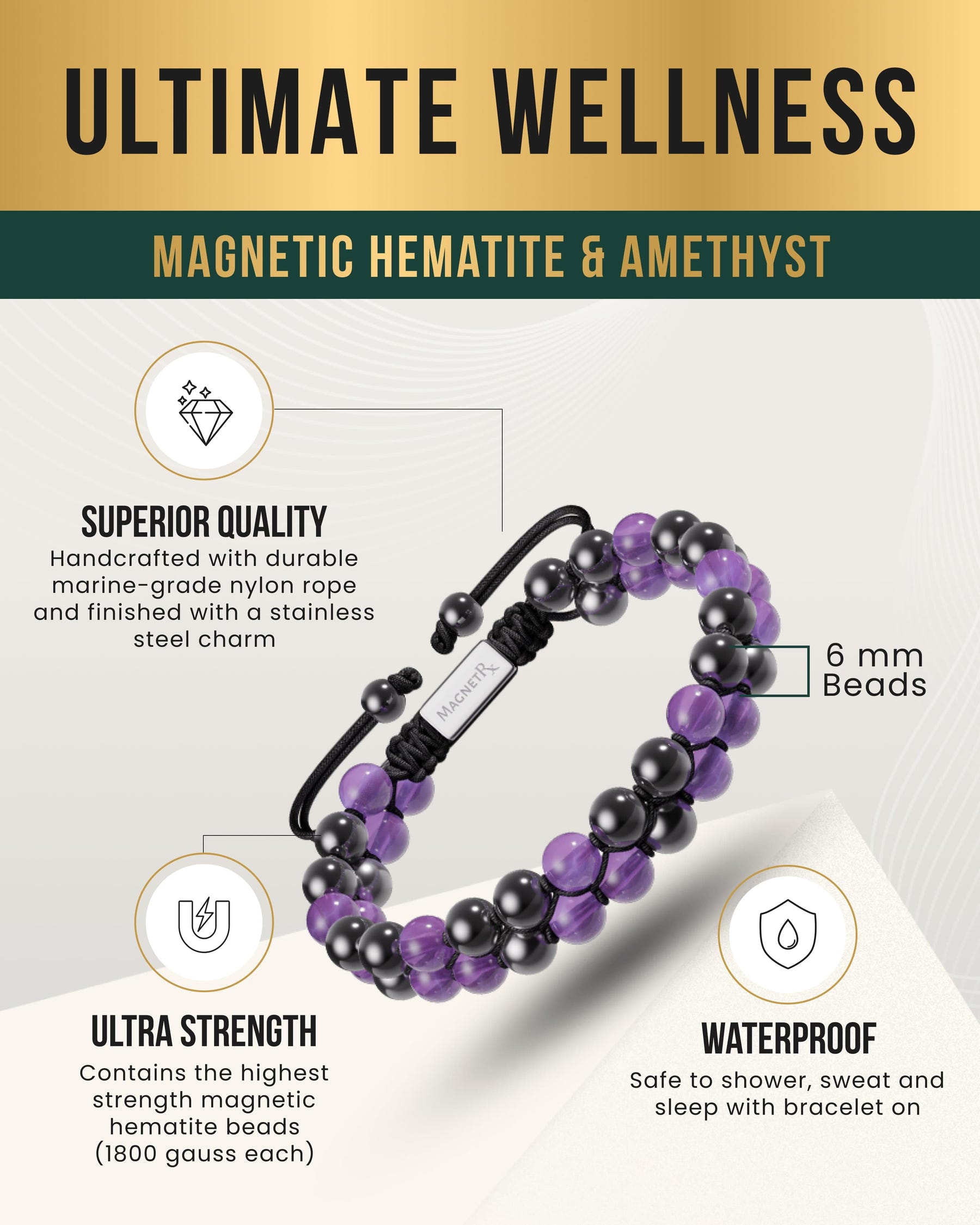 Magnetic Hematite & Amethyst Beaded Bracelet for Women