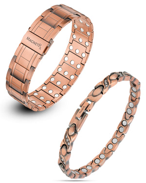 His & Hers Copper Magnetic Bracelets – 3X Stealth & Crystal XO Set