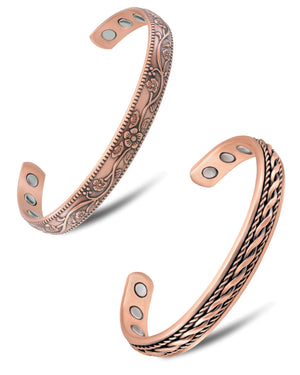 Women’s Copper Magnetic Cuff Duo – Floral & Twisted Wire
