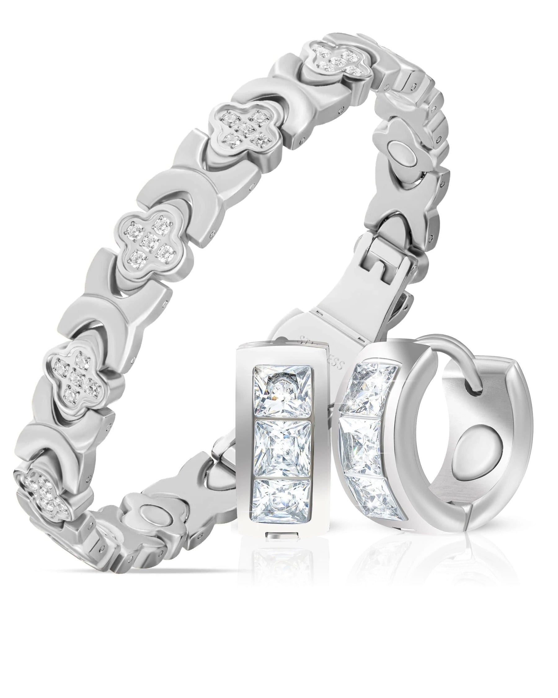 Women’s Crystal Wellness Set – Magnetic Clover Bracelet + Earrings (Silver)